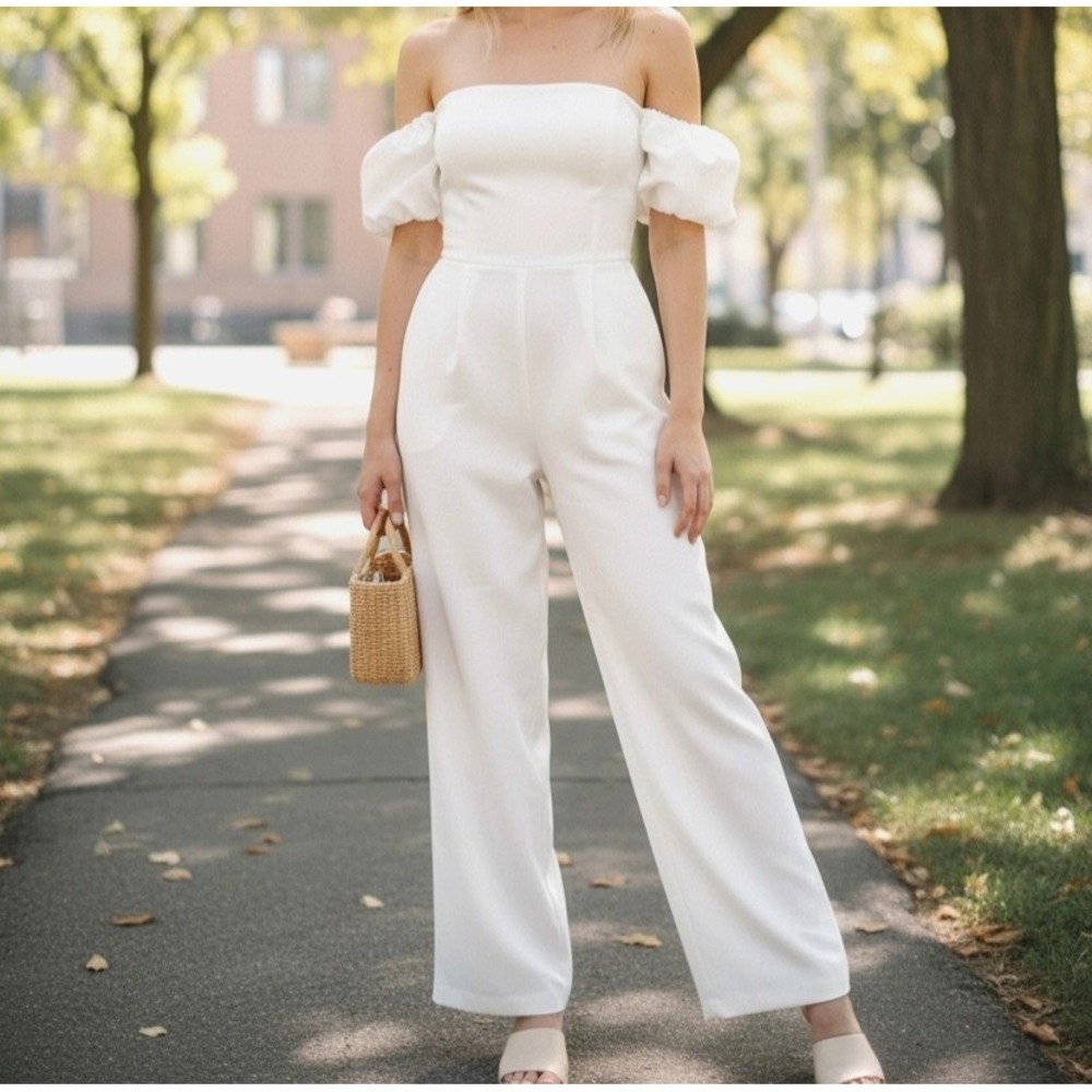 NWT Lulus Size S White Jumpsuit Lined Cold Shoulder w/Puff Sleeves Bow in Back